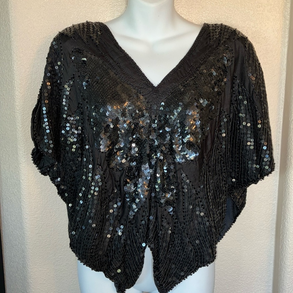 LINSIANO VTG butterfly wing top XXL, black sequined/beaded wings front/back. EUC - Picture 5 of 16